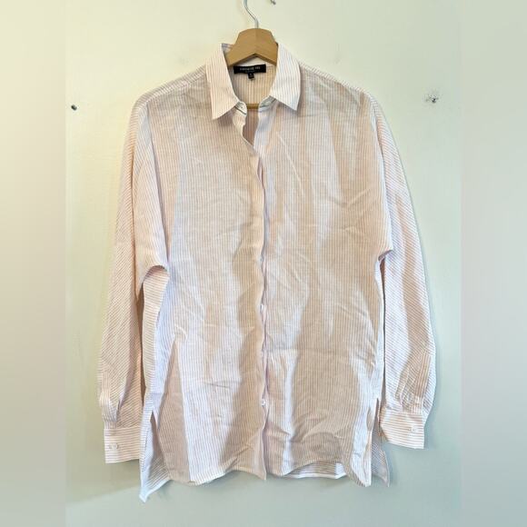 Lafayette 148 100% linen button down blouse pink and white stripe petite bead - Picture 3 of 12